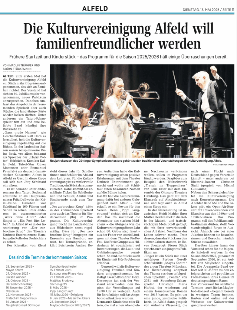 Die Kulturvereinigung Alfeld will familienfreundlicher werden. Frühere Startzeit und Kinderstück - das Programm für die Saison 2025/2026 hält einige Überraschungen bereit.