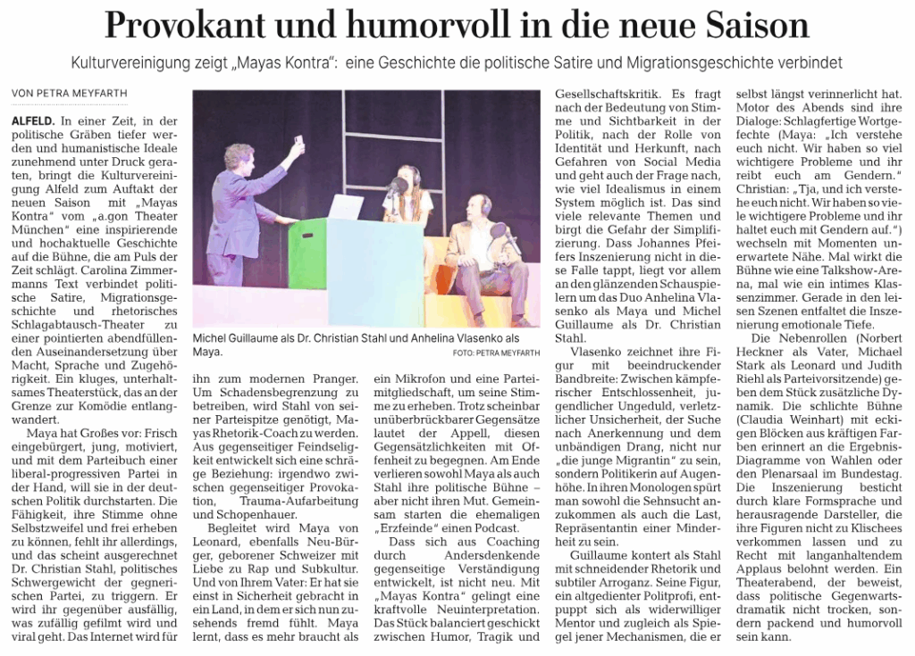 Provokant und humorvoll in die neue Saison. Kulturvereinigung zeigt "Mayas Kontra": eine Geschichte die politische Satire und Migrationsgeschichte verbindet